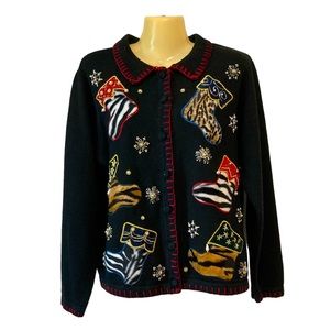 Nutcracker Christmas Novelty Cardigan Sweater Stockings Animal Print Vintage Med